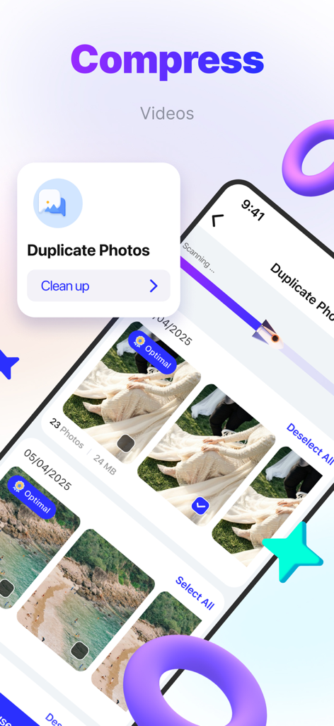 DupiClean - AIScanEngine - DupiClean app interface showing duplicate photo detection and a smart cleaning tool to free up phone storage.