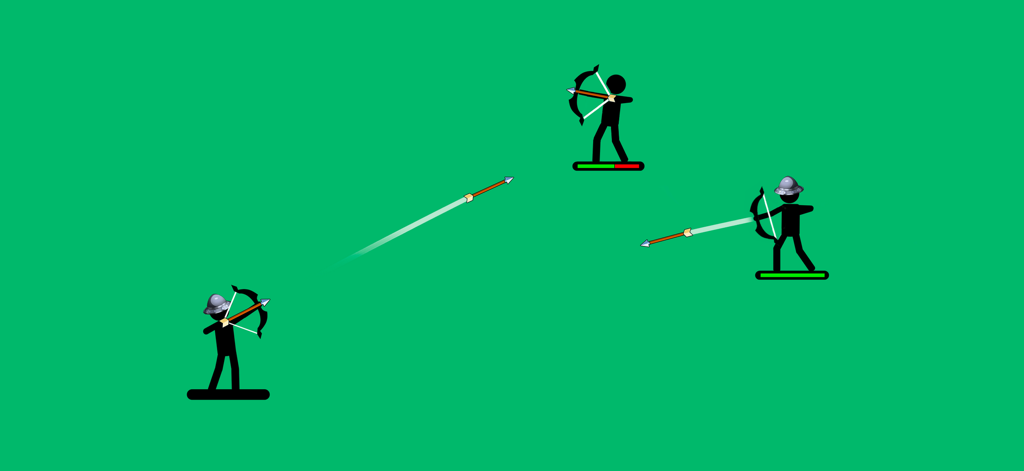 Stickman archers firing arrows at each other in a physics-based combat game on a green background.