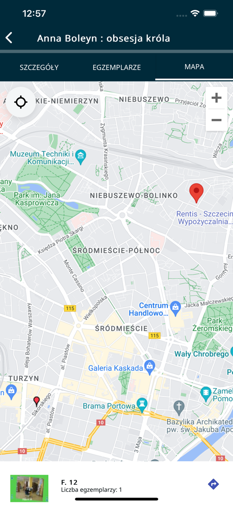 MBP Szczecin - mProlib - Map view in the mProlib app showing library branch locations in Szczecin for a specific book title