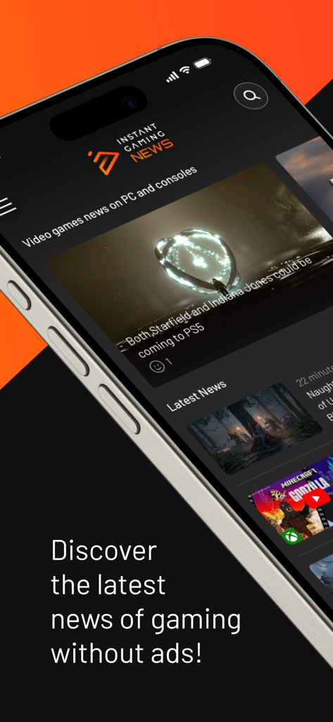 Instant Gaming News - Instant Gaming News mobile app interface on a smartphone showing a dark mode UI and gaming headlines without ads