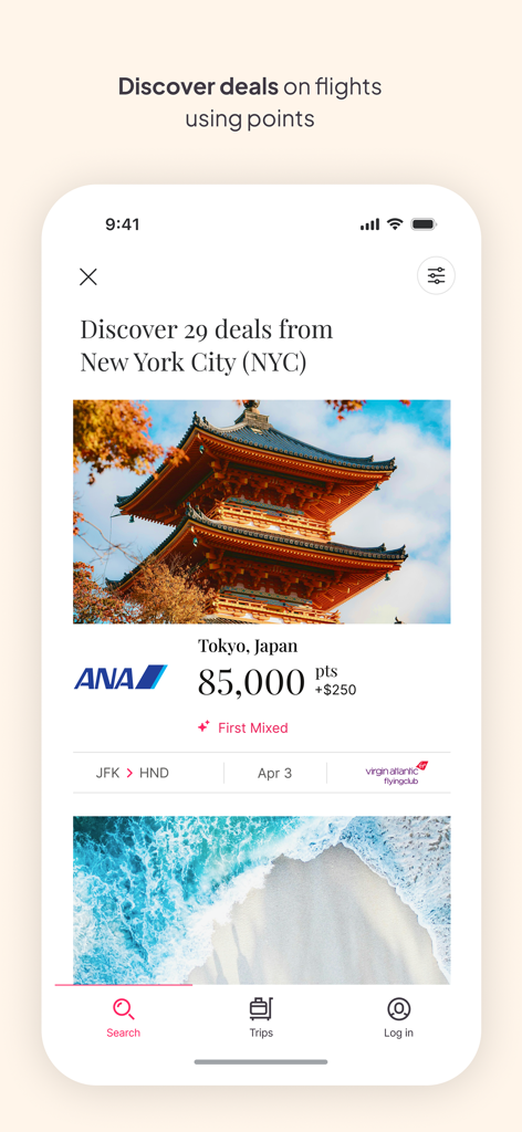 Roame - Award Travel - Roameアプリインターフェース、85,000ポイントでニューヨークから東京へのファーストクラスフライトの取引を表示