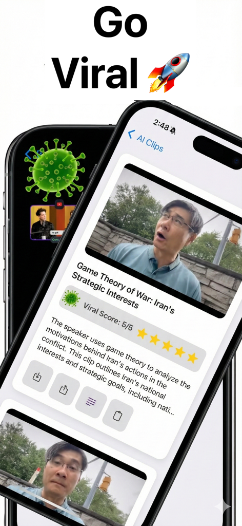Crayo AI Video Clips Generator - 높은 바이럴 점수를 평가하는 비디오 클립을 분석하는 Crayo AI 앱을 보여주는 스마트폰