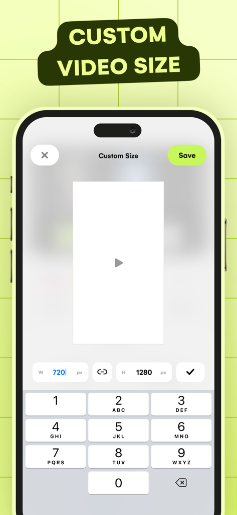 Resize Video - Mobile app interface showing custom video size settings with numerical input for width and height