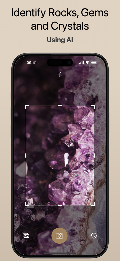 Rock Identifier - AI Scanner - A mobile app interface scanning a purple crystal for identification using AI.