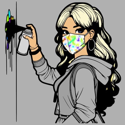 realistic girl with mask spray painting a wall