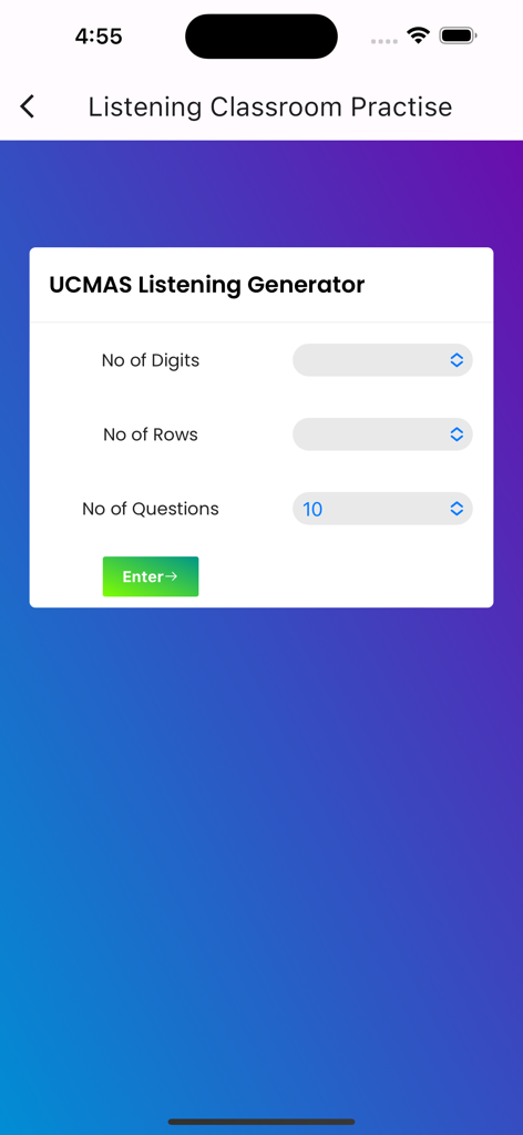 UCMAS Student App - Settings screen for the UCMAS mental arithmetic listening generator