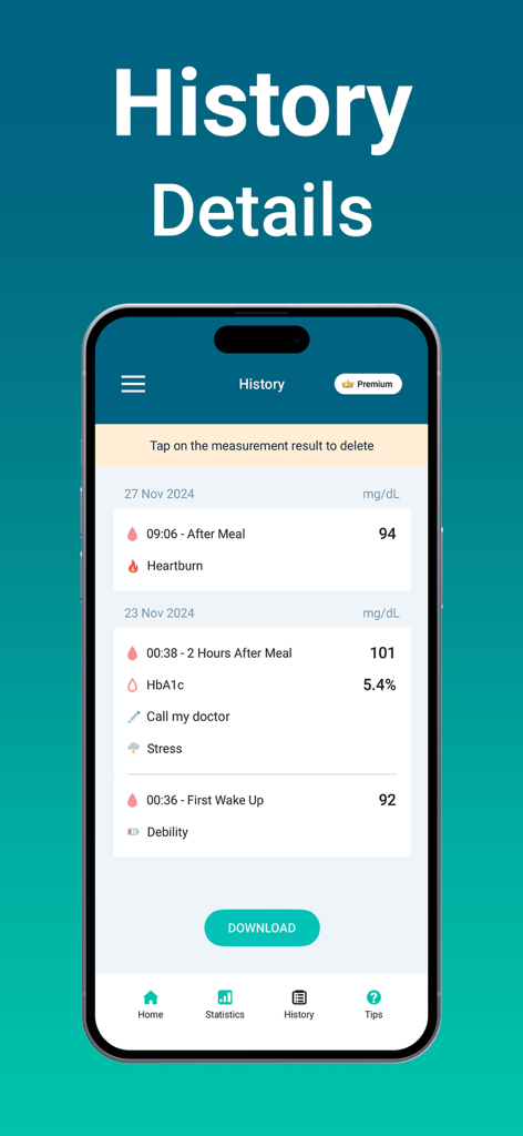 iPhone-Bildschirm, der die Protokolle der Blutzuckermessungen und Gesundheitssymptome in der Glukose Monitor App anzeigt.