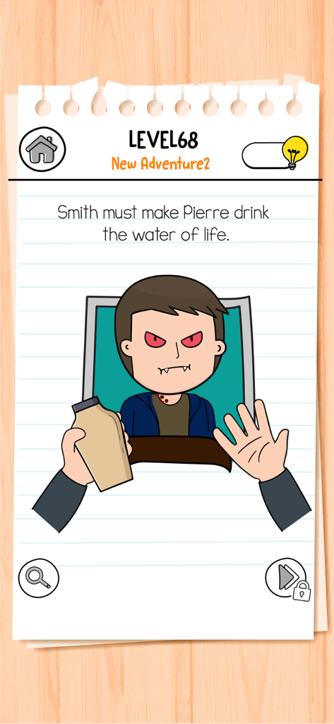 Brain Test 3 level 68 puzzle with a vampire character and a water bottle