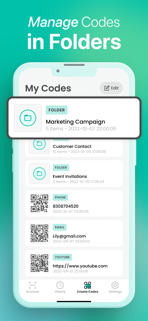 QR Code · Barcode Reader&Maker - A mobile interface showing QR codes and barcodes organized into categorized folders for business management