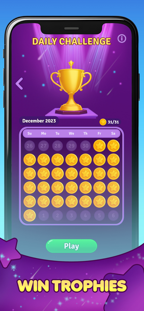 Number Match : Ten Pair - A mobile game screen showing a daily challenge calendar with gold star markers and a winning trophy for completion.