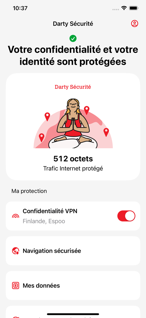 Interfaz de la aplicación Darty Securite mostrando el panel de protección de privacidad y navegación segura de VPN activa