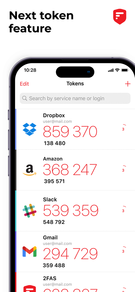 2FA Authenticator (2FAS) - 여러 계정에 대한 현재 및 다음 보안 코드를 보여주는 2FAS 앱 인터페이스