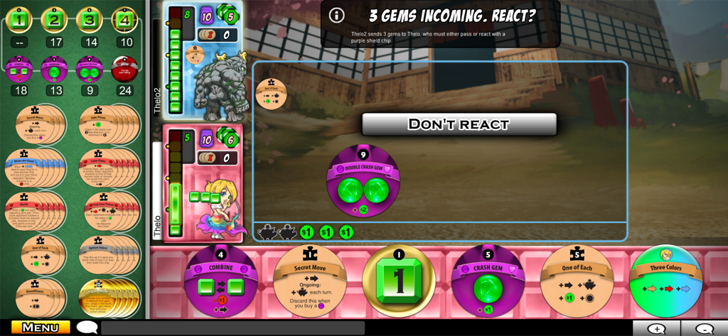Puzzle Strike - Gameplay of Puzzle Strike showing a strategic decision prompt with character chips and gem piles.
