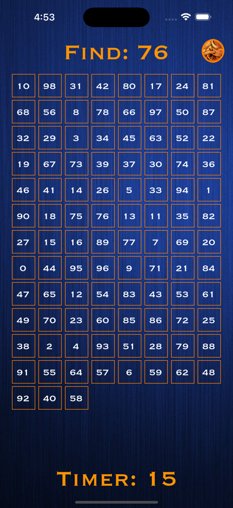Up to 99 - Gameplay screen of the Up to 99 app showing a grid of numbers and a countdown timer on a blue background