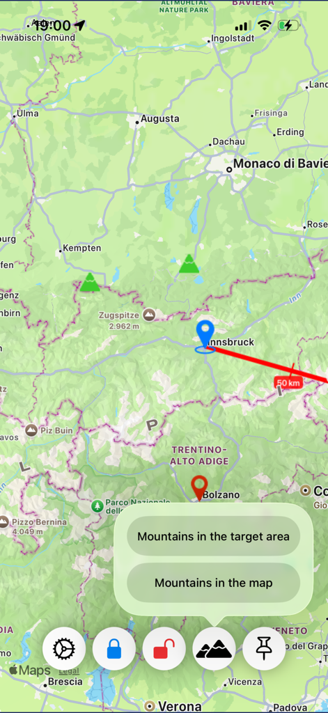 Direction explorer - Direction Explorerアプリのインターフェース。地図上に山を特定するための赤い方位線が表示されている。