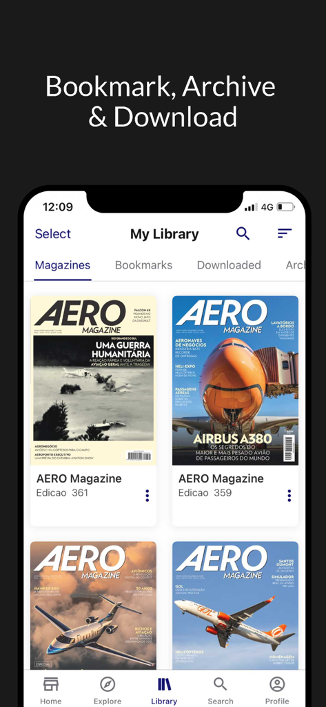 AERO Revista - AERO Revista app library screen showing digital magazine covers of airplanes and aviation news.