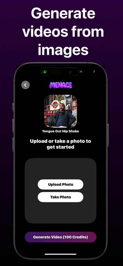 Menace: AI Prank Photo & Video - Interfaz de la aplicación Menace que muestra el proceso para generar un video de broma con IA a partir de una foto subida.