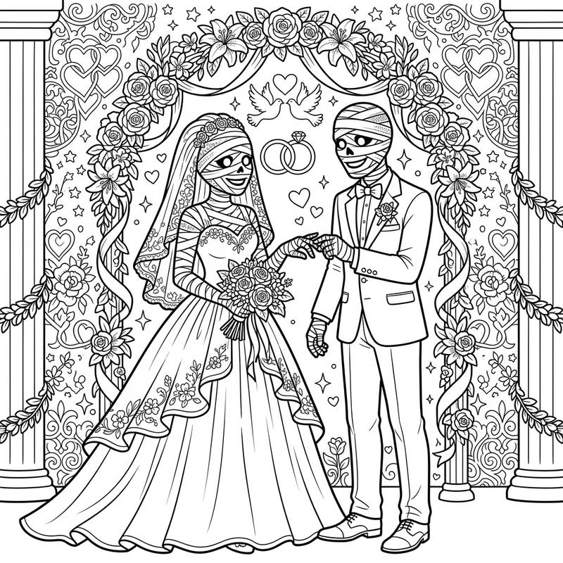 Get ready for a wedding like no other! This unique coloring page features two undead mummies celebrating their special day amidst romantic floral arches and elegant details, perfect for a fun and eerie coloring session.
