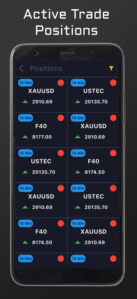 Schermata dell'app mobile che mostra posizioni di trading attive e segnali in tempo reale di 15 minuti per asset come oro e indici tecnologici.