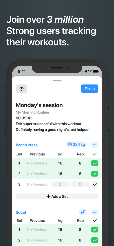 Strong Workout Tracker Gym Log - Pantalla de smartphone que muestra una sesión de entrenamiento en la aplicación Strong con series de press de banca y sentadillas.