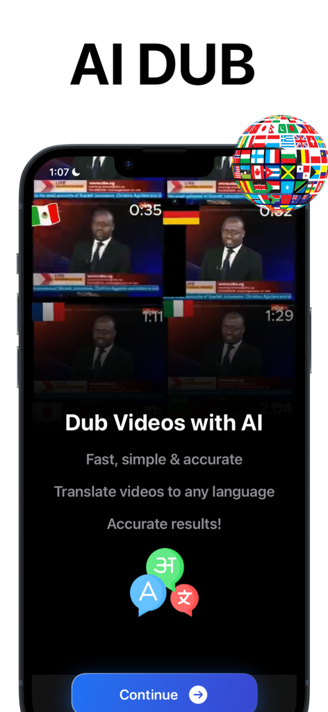 Crayo AI Video Clips Generator - 전 세계 국기 그림이 있는 AI 더빙 및 비디오 번역 기능을 보여주는 Crayo AI 앱 인터페이스