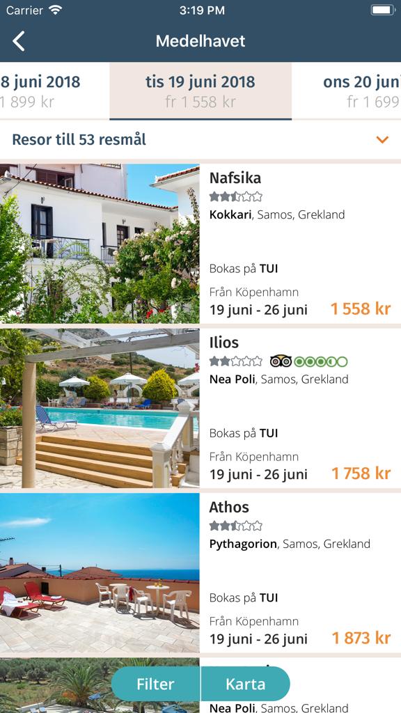 Reseguiden Charter & Paket - Reseguiden app screenshot showing charter travel deals to Greece with prices and dates