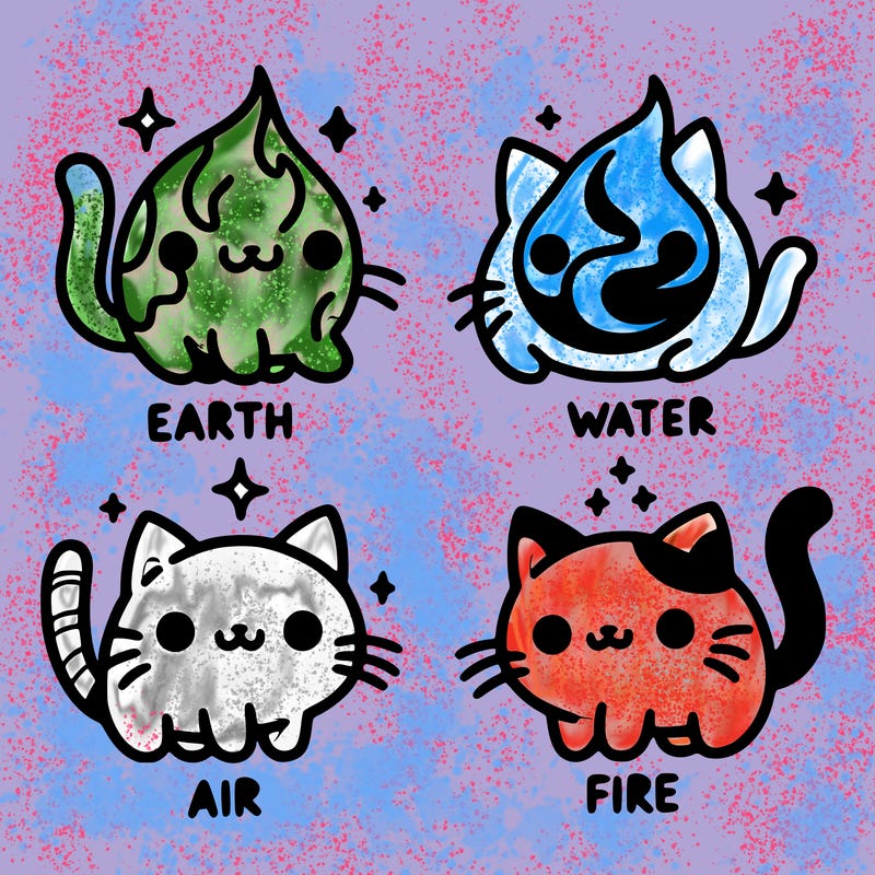 4 cats that represent the different elements, earth, water, air, and fire