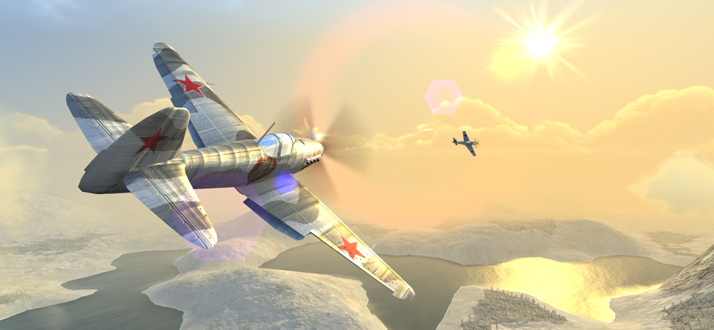 Warplanes: WW2 Dogfight FULL - A Soviet fighter plane with red star insignia flying over a snowy mountain landscape at sunset