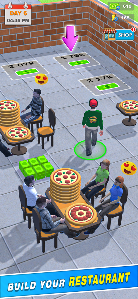 My Pizza Shop Simulator Game - ピザレストランのアップグレードと、テーブルで食事をする客を示すゲームプレイ。