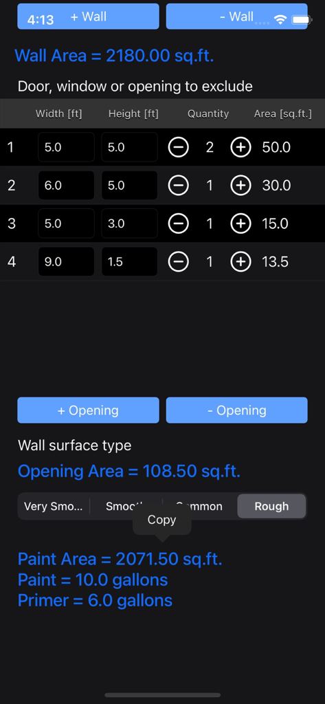 Interface of the Paint Calculator Plus app showing detailed paint and primer estimates based on wall and opening dimensions.