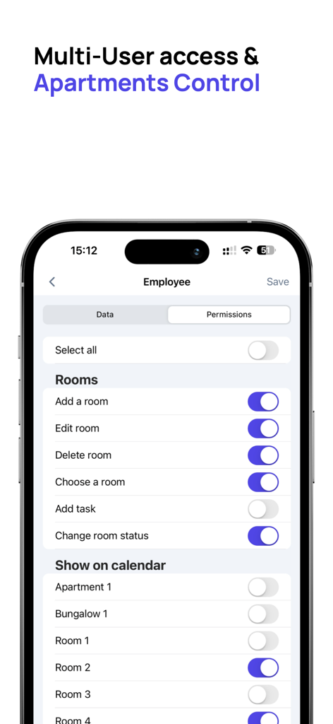 Interface de gestion des autorisations des employés et de l'accès aux propriétés dans le système de réservation mobile-calendar.