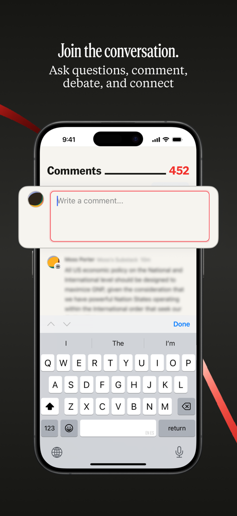 Interface of The Free Press app showing the comments section and keyboard to join the conversation