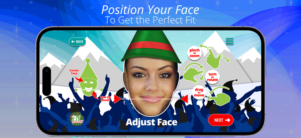 Interfaz de la aplicación ElfYourself que muestra cómo posicionar una cara dentro de una plantilla de gorro de elfo con herramientas de zoom y rotación