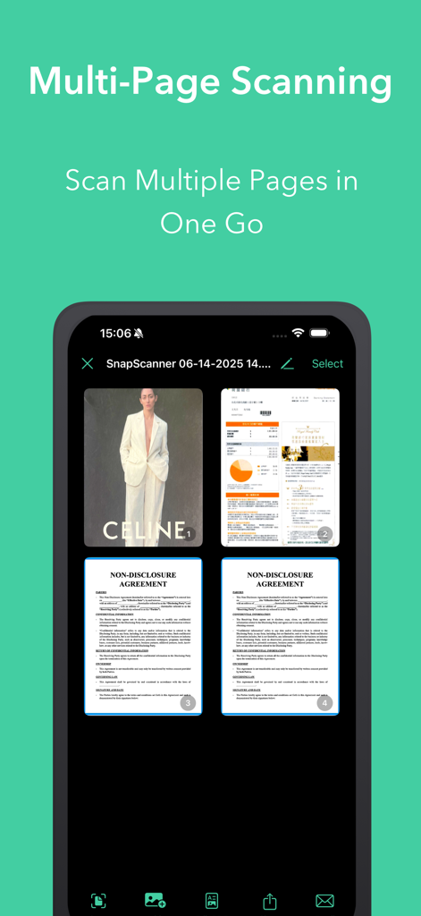 SnapScanner+ PDF, Docs & Cards - SnapScanner 앱 인터페이스, 다중 페이지 스캔을 위해 계약서 및 이미지를 포함한 여러 스캔 문서를 그리드로 표시