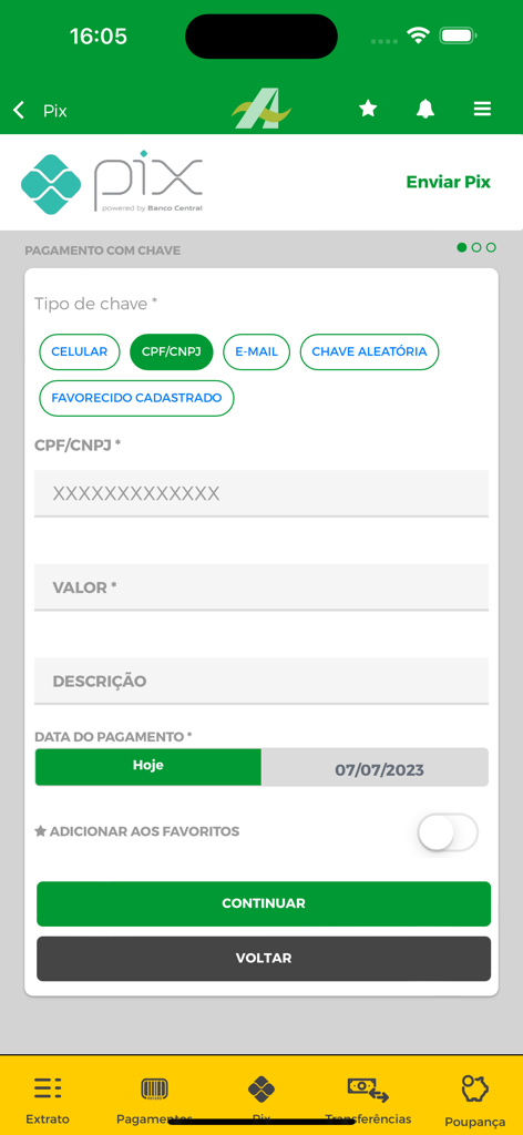 Banco da Amazônia - Banco da Amazonia mobile app Pix transfer screen showing payment details and key type options.