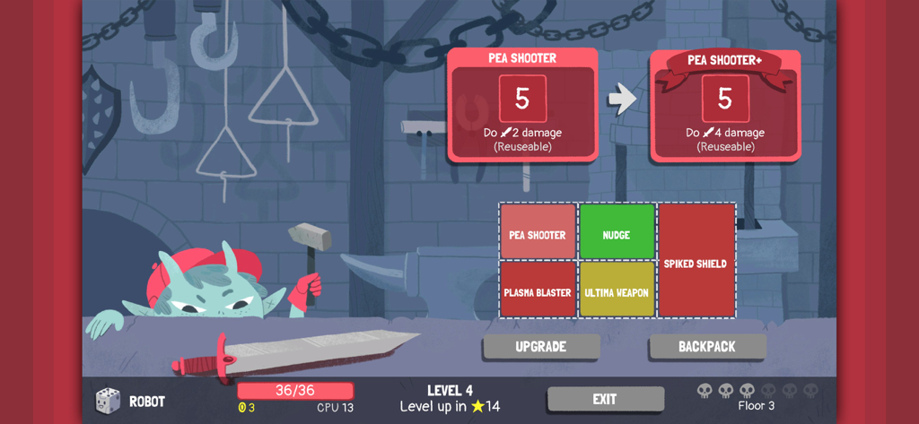 Dicey Dungeons - A gameplay screenshot of Dicey Dungeons showing the Robot character upgrading a Pea Shooter weapon at a blacksmith station.