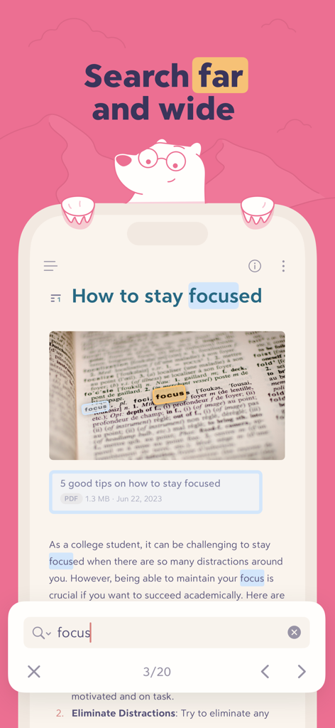Bear - Markdown Notes - Bear app interface demonstrating search results for the word focus highlighted within text and images