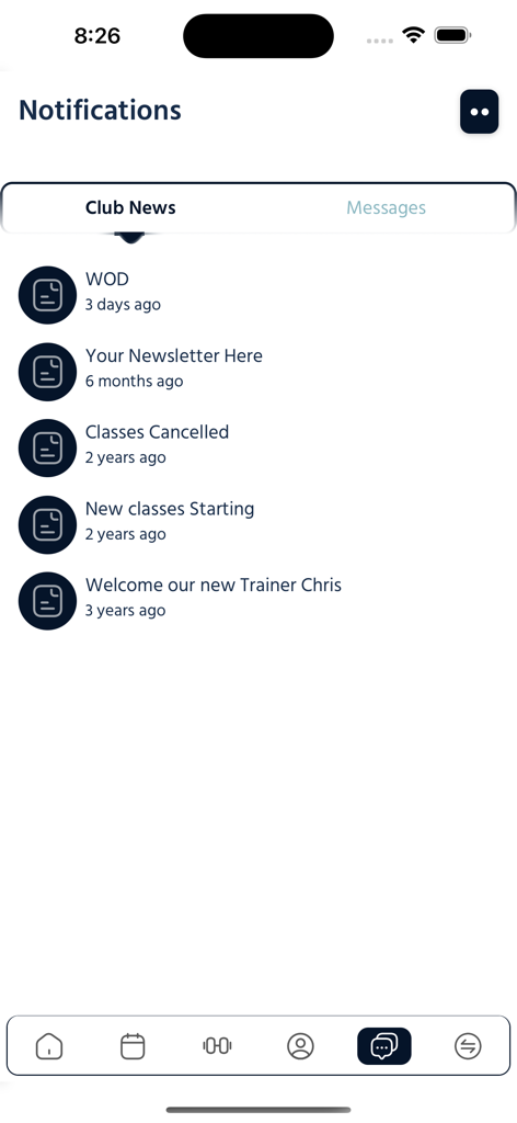 Pantalla de notificaciones de la aplicación MyClub Fitness mostrando noticias y actualizaciones del club