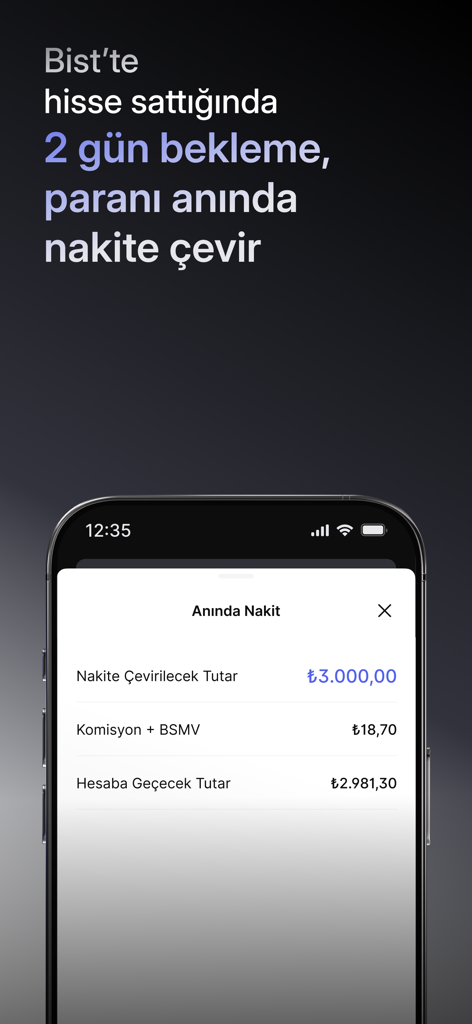 Midas: Borsa Hisse Alım Satım - Midas app interface showing instant cash withdrawal for Turkish stock sales