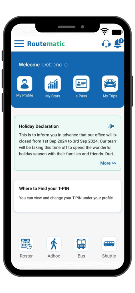 Routematic - Routematic employee dashboard screen featuring transport management icons like roster and shuttle tracking