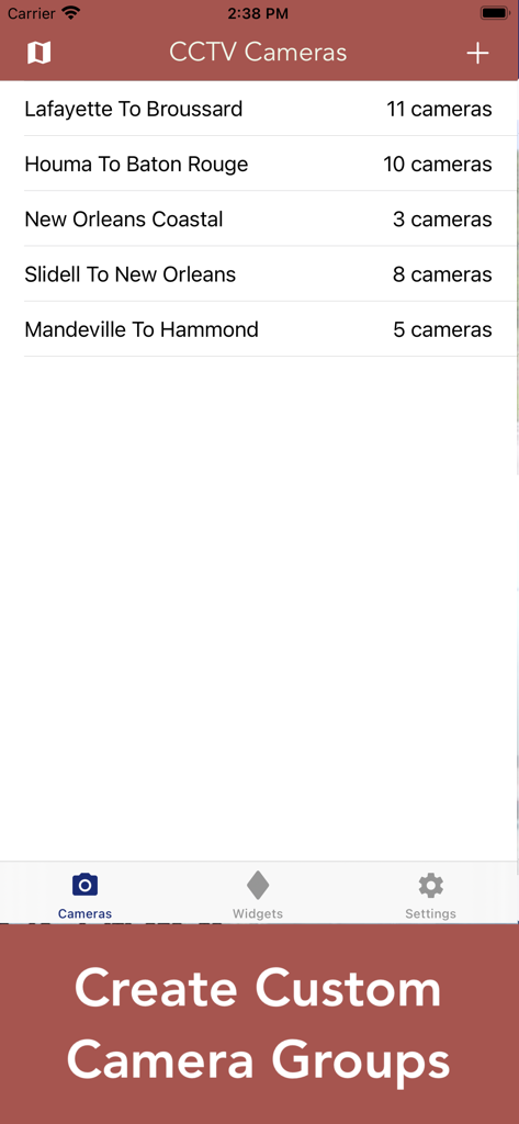 Louisiana 511 Traffic Cameras - Louisiana 511 app interface showing a list of custom traffic camera groups for different commuting routes.