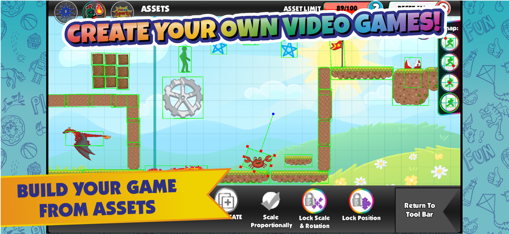 Pixicade app screen showing the creation of a custom video game level with various assets