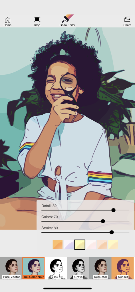 Imaengine - Imaengine mobile app interface showing a photo converted into a vector illustration with editing sliders for detail and colors