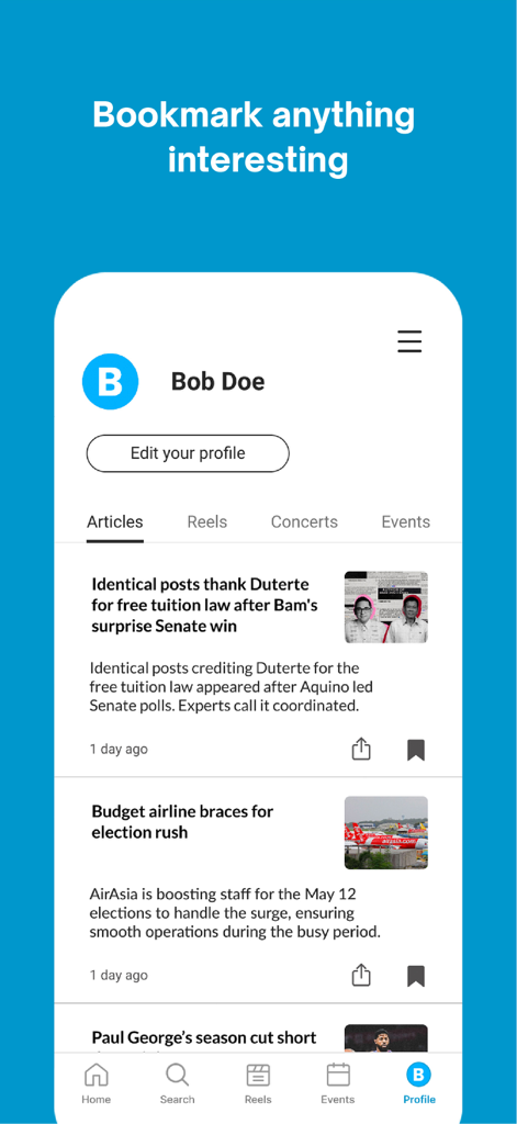 Philstar - Philstar app user profile screen showing a list of bookmarked news articles and a bookmark anything interesting headline.
