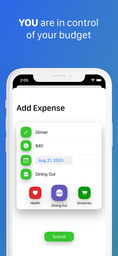 Money Flow - Expense Tracker - Money Flow app screen showing the manual entry of a dinner expense with category selection