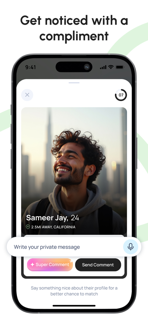 Écran de profil de l'application de rencontre Olive avec fonction de compliment et options de messagerie privée