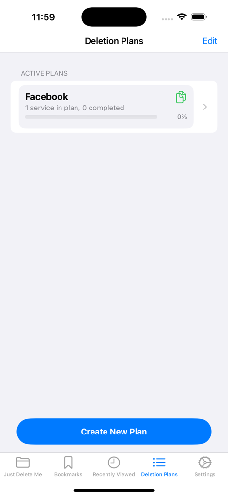 The Just Delete Me app interface showing an active deletion plan for a Facebook account with a progress bar.