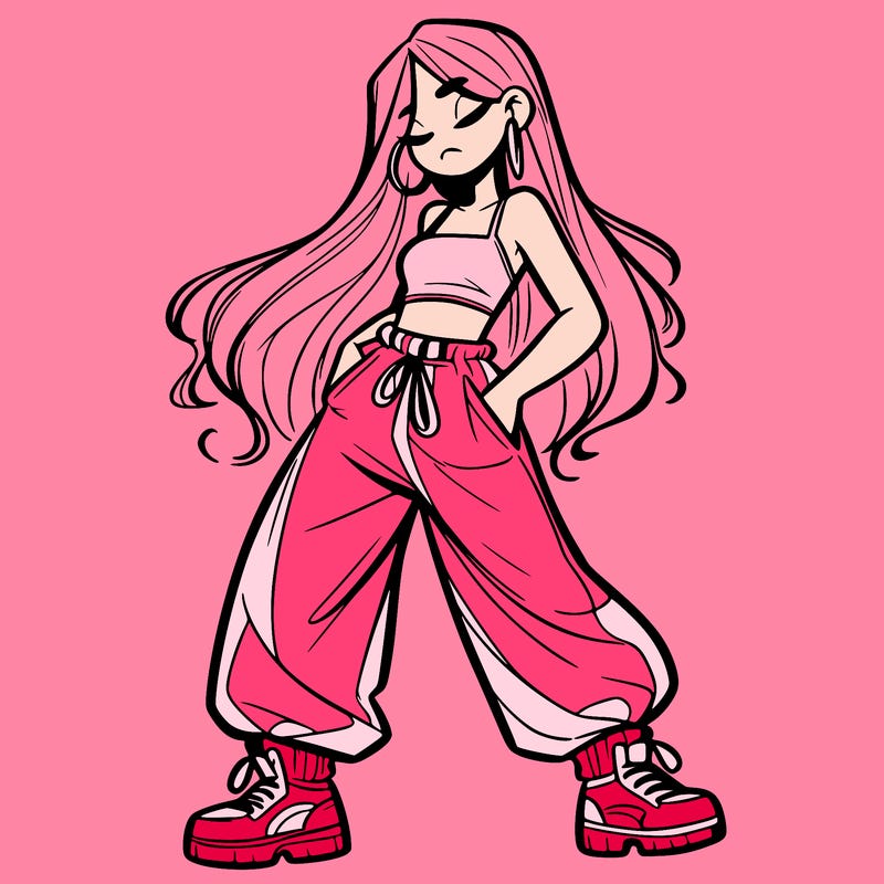 girl in baggy pants crop top and long hair