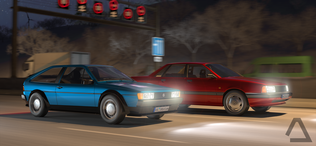 A blue hatchback and a red sedan racing on a German highway at night
