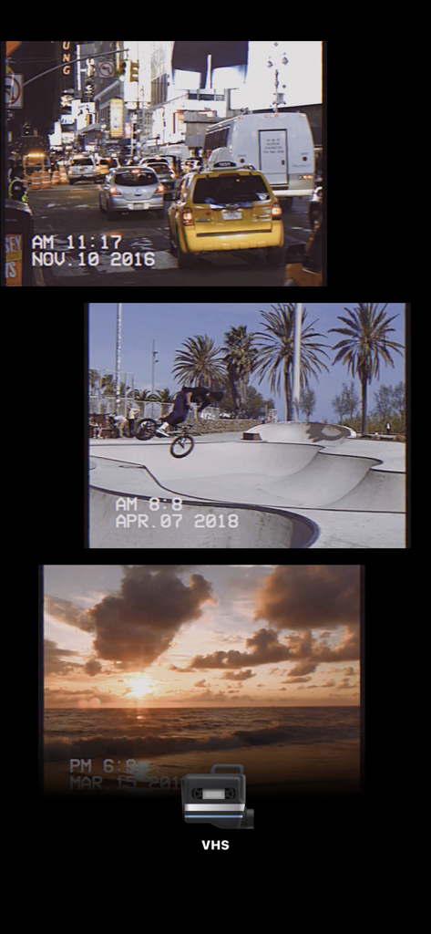 Trois cadres vidéo montrant des filtres VHS rétro avec des horodatages numériques sur des scènes de skatepark urbain et de coucher de soleil